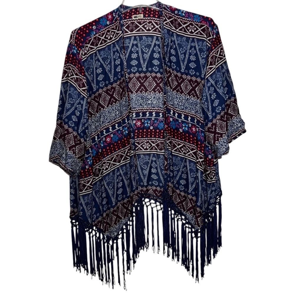 Hollister Kimono Swim Cover Up 100% Viscose Tasseled Navy Cream Maroon Small